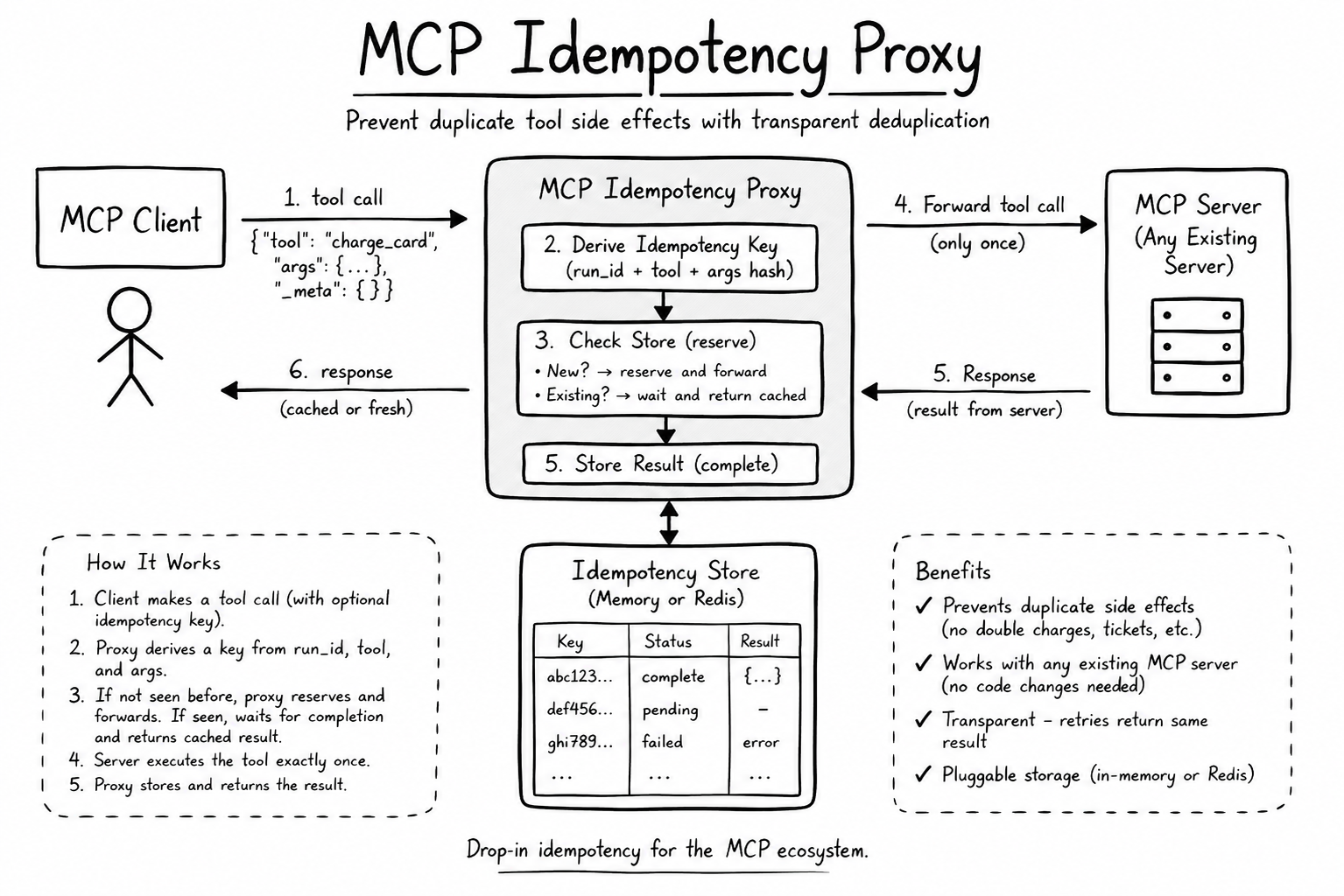 mcp idempotency proxy architecture: client, proxy deriving a key and checking the store, the store, and the wrapped mcp server